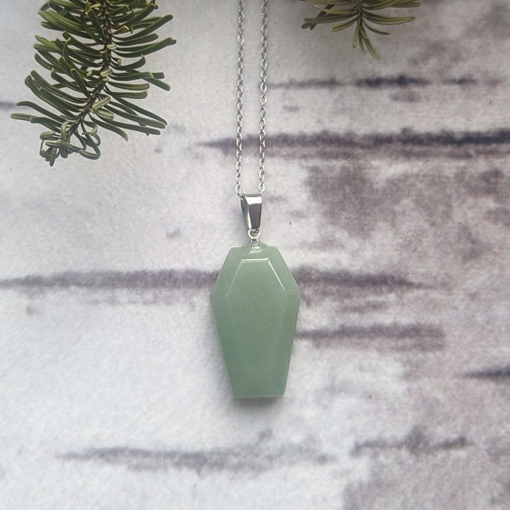 Green Aventurine Coffin Stone Necklace with Stainless steel chain